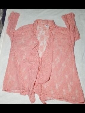 Lexington Avenue Coral Sheer Floral Lace Cardigan Shrug - Plus Size 2X